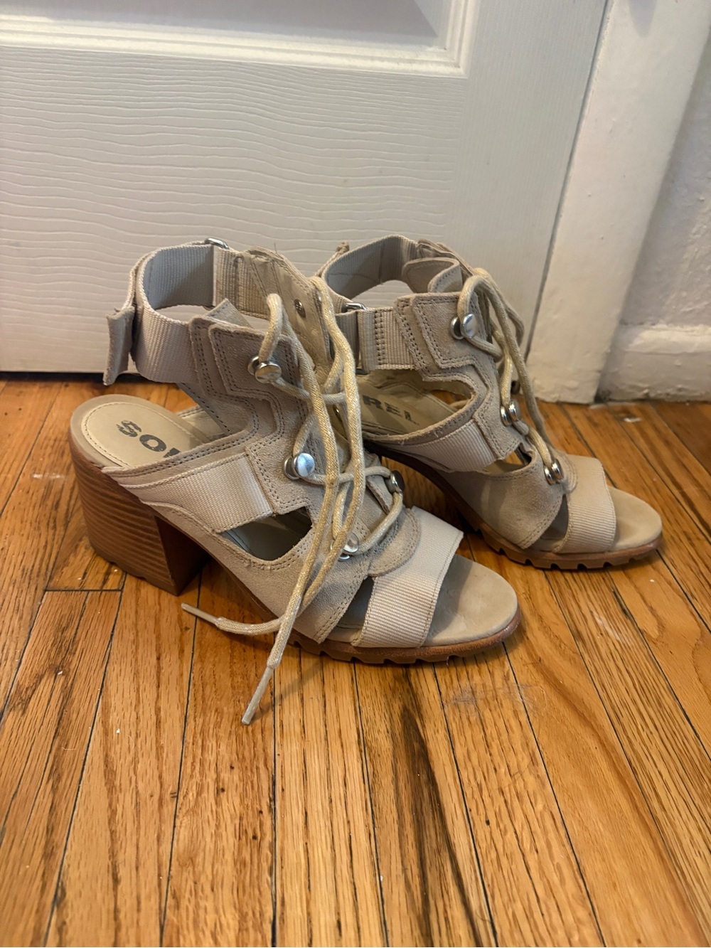 Sorel Beige Lace-Up Block Heel Sandals